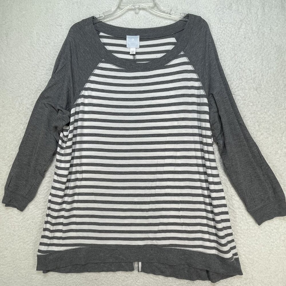 Sunday Tunic Top Womens Size 1X Gray White Stretch Knit  Long Sleeve